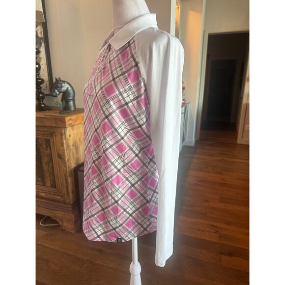 NWT Soneven Pink plaid golf Tennis Long Sleeve Polo Shirt Medium M - Picture 5 of 12